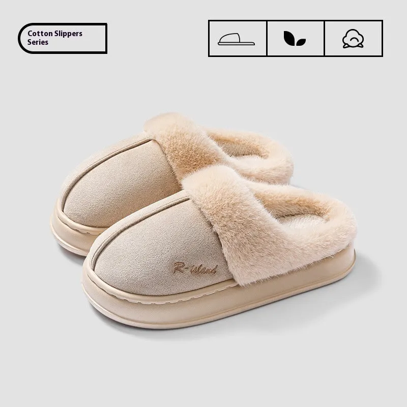 Fluffy couple slippers in pink and khaki with non-slip PVC sole and cloth upper for indoor home use