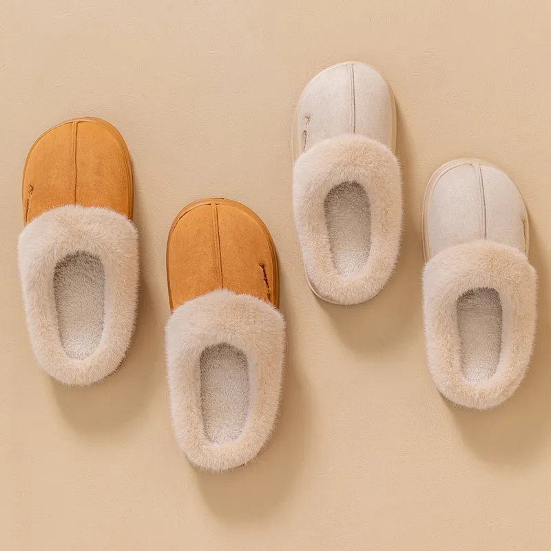 Fluffy couple slippers in pink and khaki with non-slip PVC sole and cloth upper for indoor home use