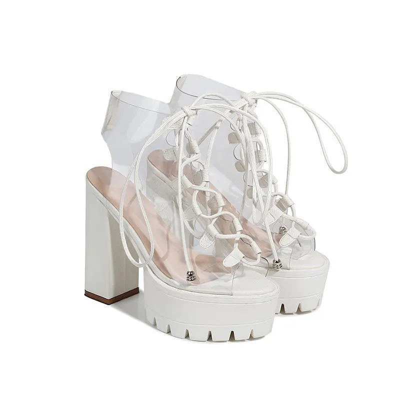 High heel summer sandals for women with belt buckle synthetic leather in black