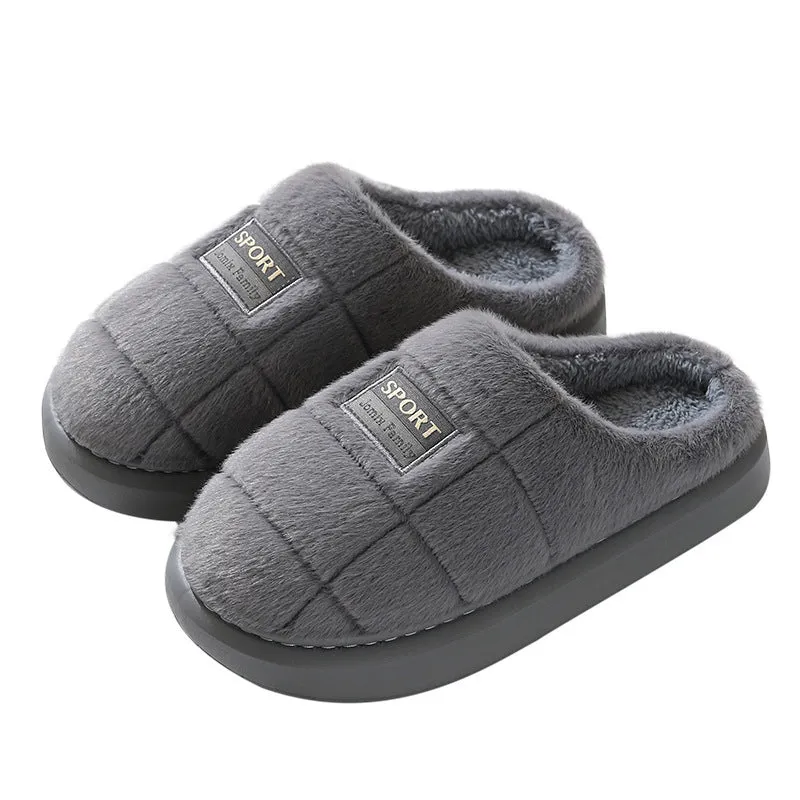 Men's grey and brown plaid rabbit hair slippers with a thick wool lining and EVA sole.