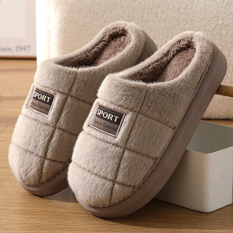 Men's grey and brown plaid rabbit hair slippers with a thick wool lining and EVA sole.