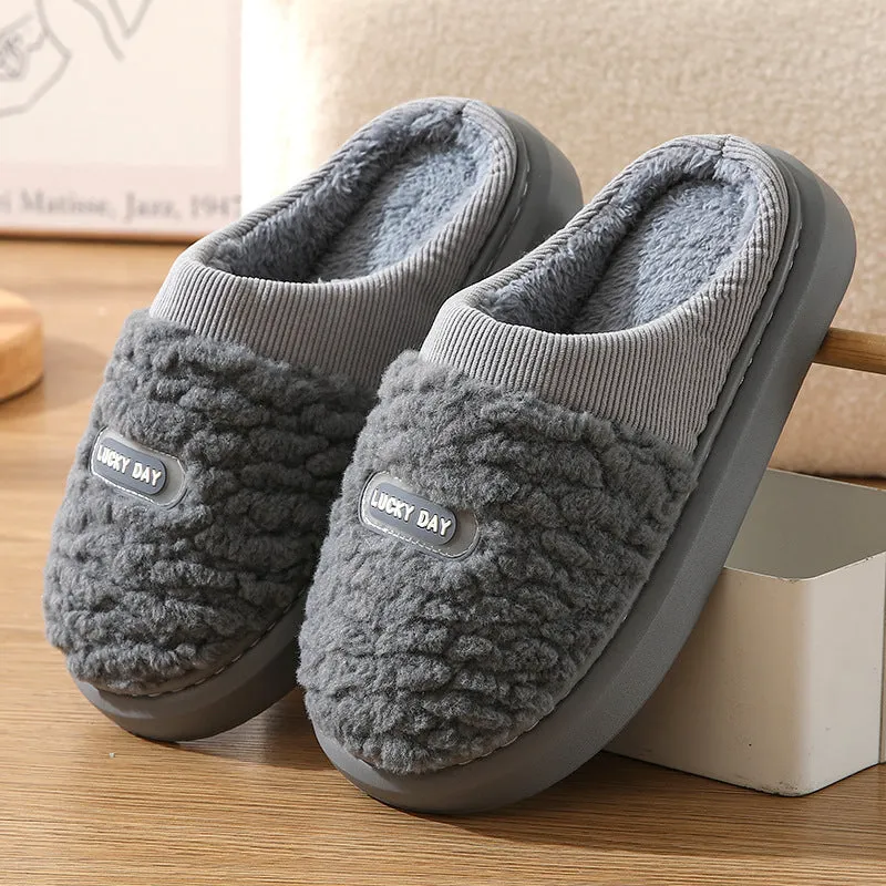 Men's grey and brown plaid rabbit hair slippers with a thick wool lining and EVA sole.