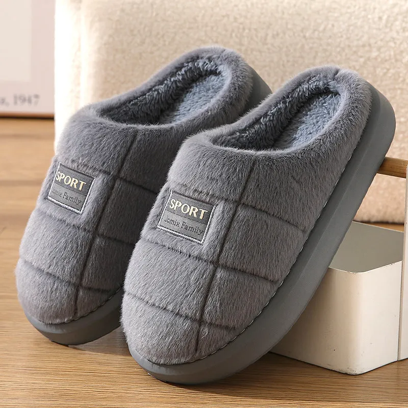 Men's grey and brown plaid rabbit hair slippers with a thick wool lining and EVA sole.