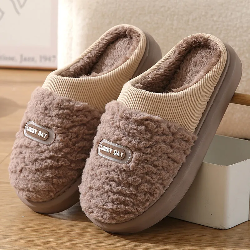 Men's grey and brown plaid rabbit hair slippers with a thick wool lining and EVA sole.