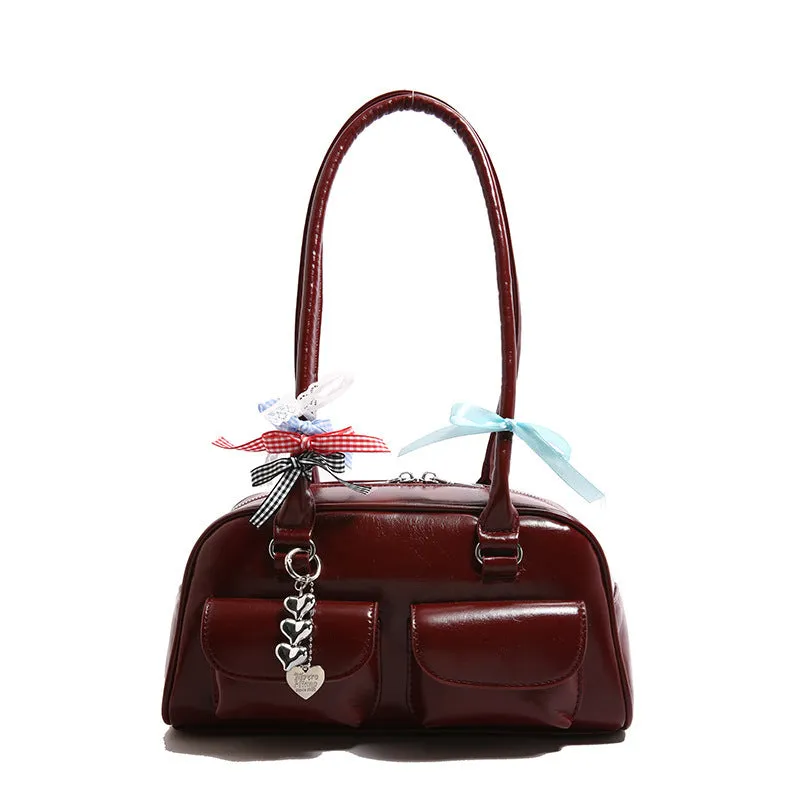 PU leather women's pillow-shaped handbag with double shoulder strap and retro flap closure