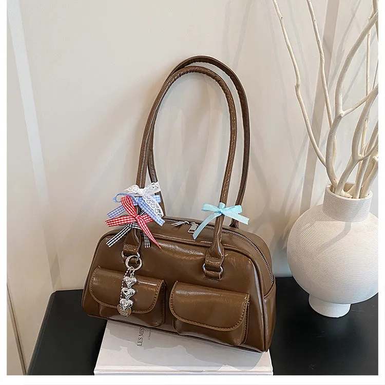 PU leather women's pillow-shaped handbag with double shoulder strap and retro flap closure