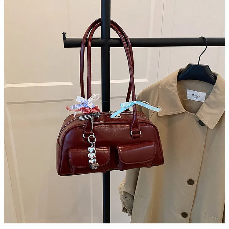 PU leather women's pillow-shaped handbag with double shoulder strap and retro flap closure