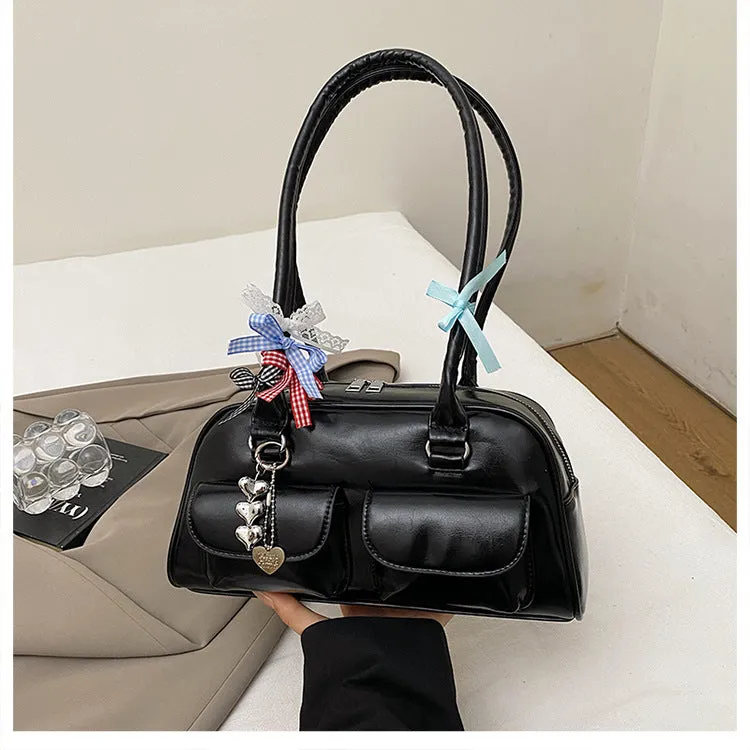 PU leather women's pillow-shaped handbag with double shoulder strap and retro flap closure