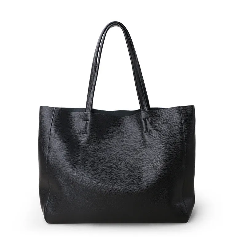 Large first layer cowhide leather tote bag with soft handle, plain design with car stitching, available in multiple colours