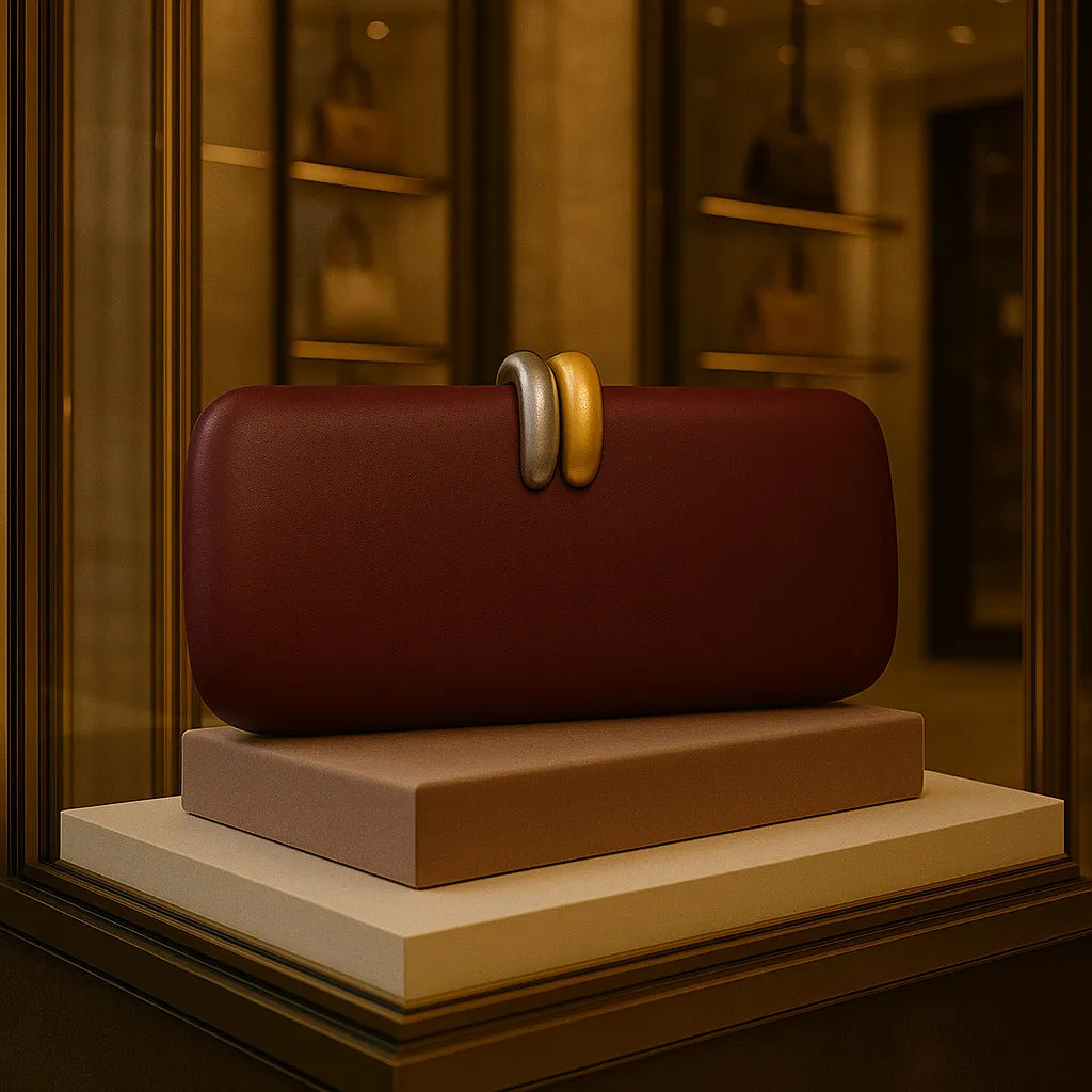 Hard oval PU clutch bag with chain strap in burgundy, showing three-dimensional pocket and crossbody wear option