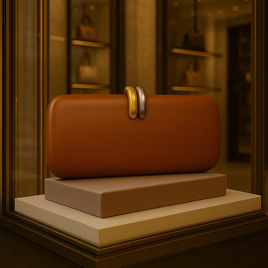Hard oval PU clutch bag with chain strap in burgundy, showing three-dimensional pocket and crossbody wear option