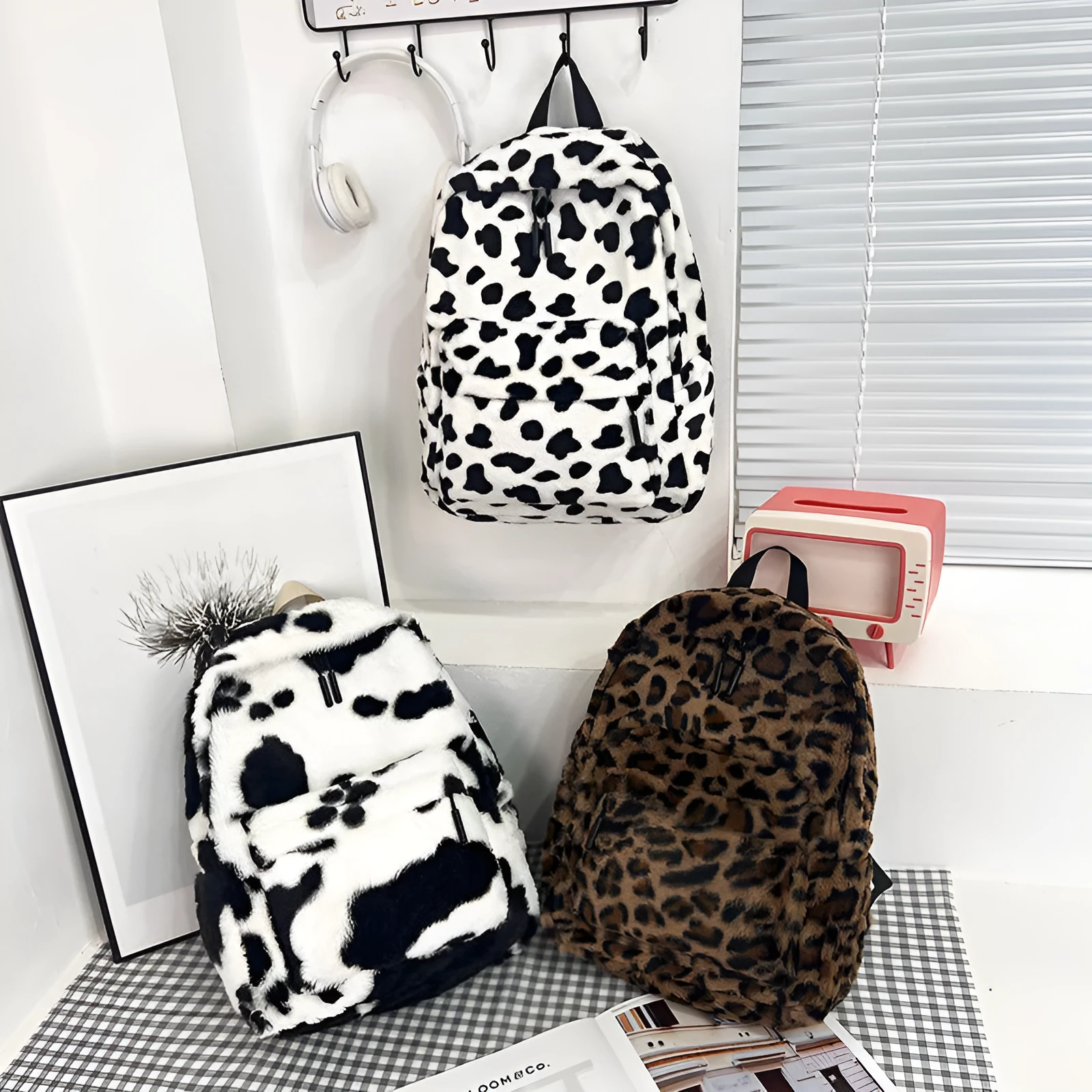 Fall cute plush student backpack with three-dimensional pocket in cow style colour