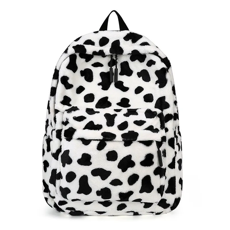 Fall cute plush student backpack with three-dimensional pocket in cow style colour