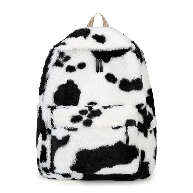 Fall cute plush student backpack with three-dimensional pocket in cow style colour