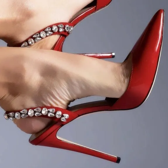 Women's black patent leather rhinestone pointed toe high heel sandals on a white background.