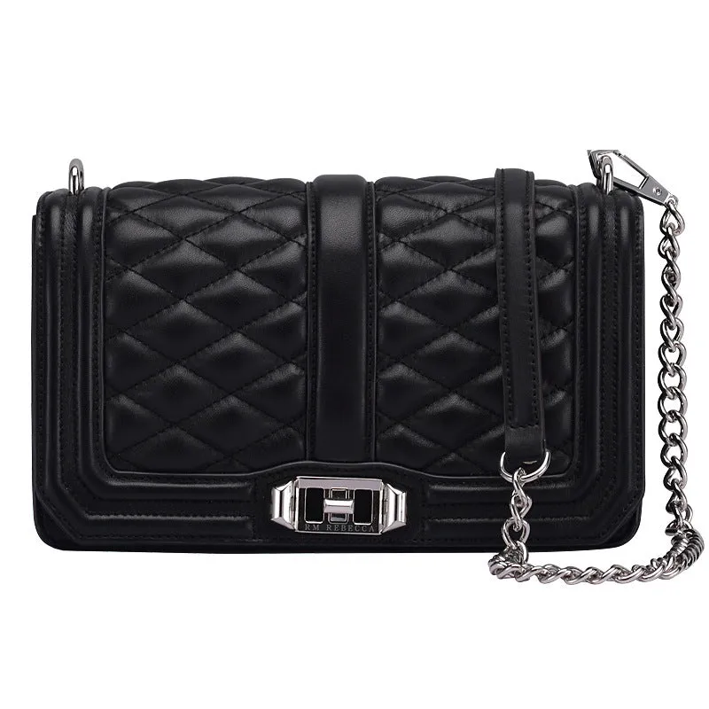 Women's shoulder chain bag in first layer cowhide with plaid pattern and chain strap, square shape