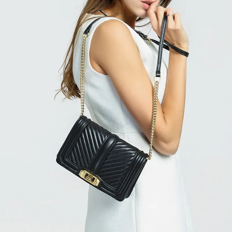 Women's shoulder chain bag in first layer cowhide with plaid pattern and chain strap, square shape