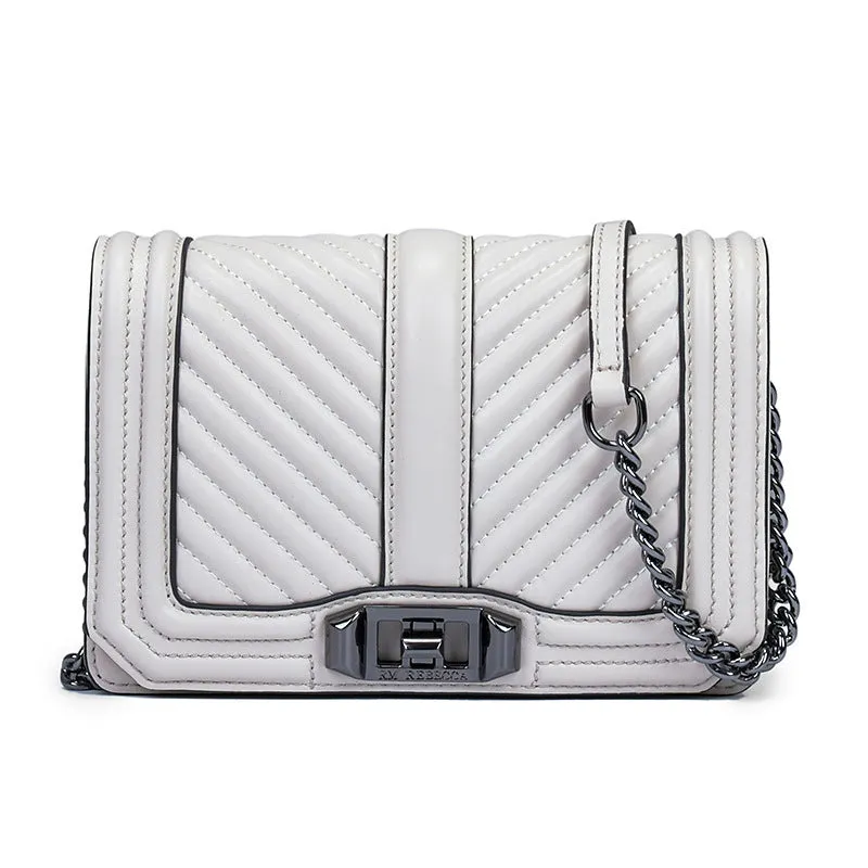 Women's shoulder chain bag in first layer cowhide with plaid pattern and chain strap, square shape