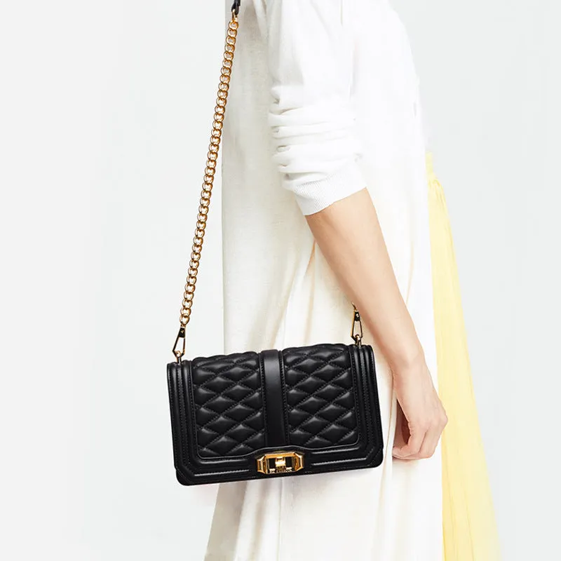 Women's shoulder chain bag in first layer cowhide with plaid pattern and chain strap, square shape