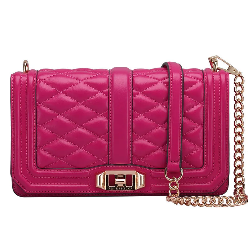 Women's shoulder chain bag in first layer cowhide with plaid pattern and chain strap, square shape