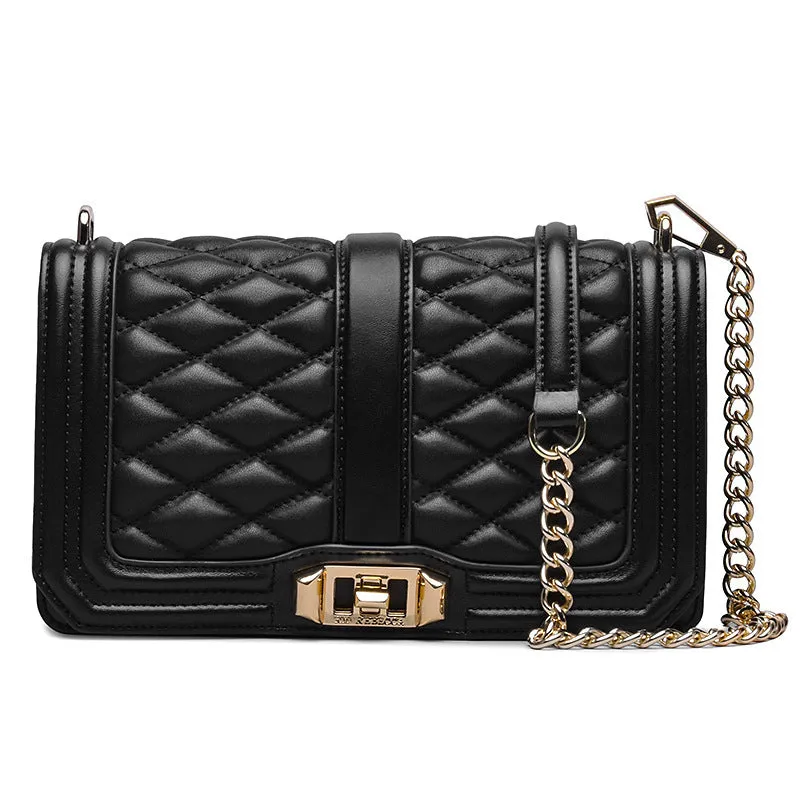 Women's shoulder chain bag in first layer cowhide with plaid pattern and chain strap, square shape
