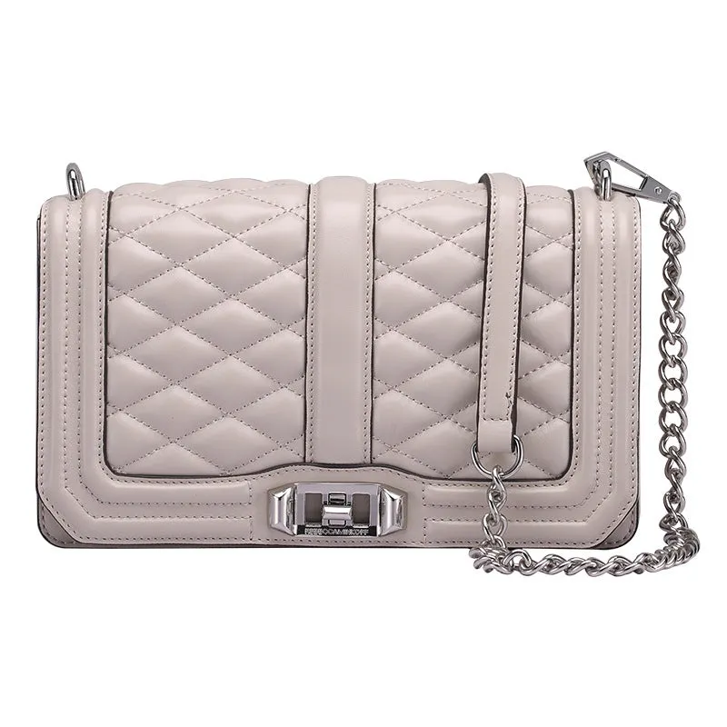 Women's shoulder chain bag in first layer cowhide with plaid pattern and chain strap, square shape