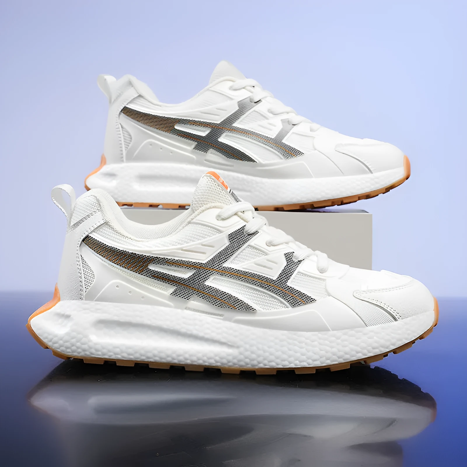 Men's casual non-slip shock absorption sneaker with breathable KPU upper, popcorn rubber sole, available in white