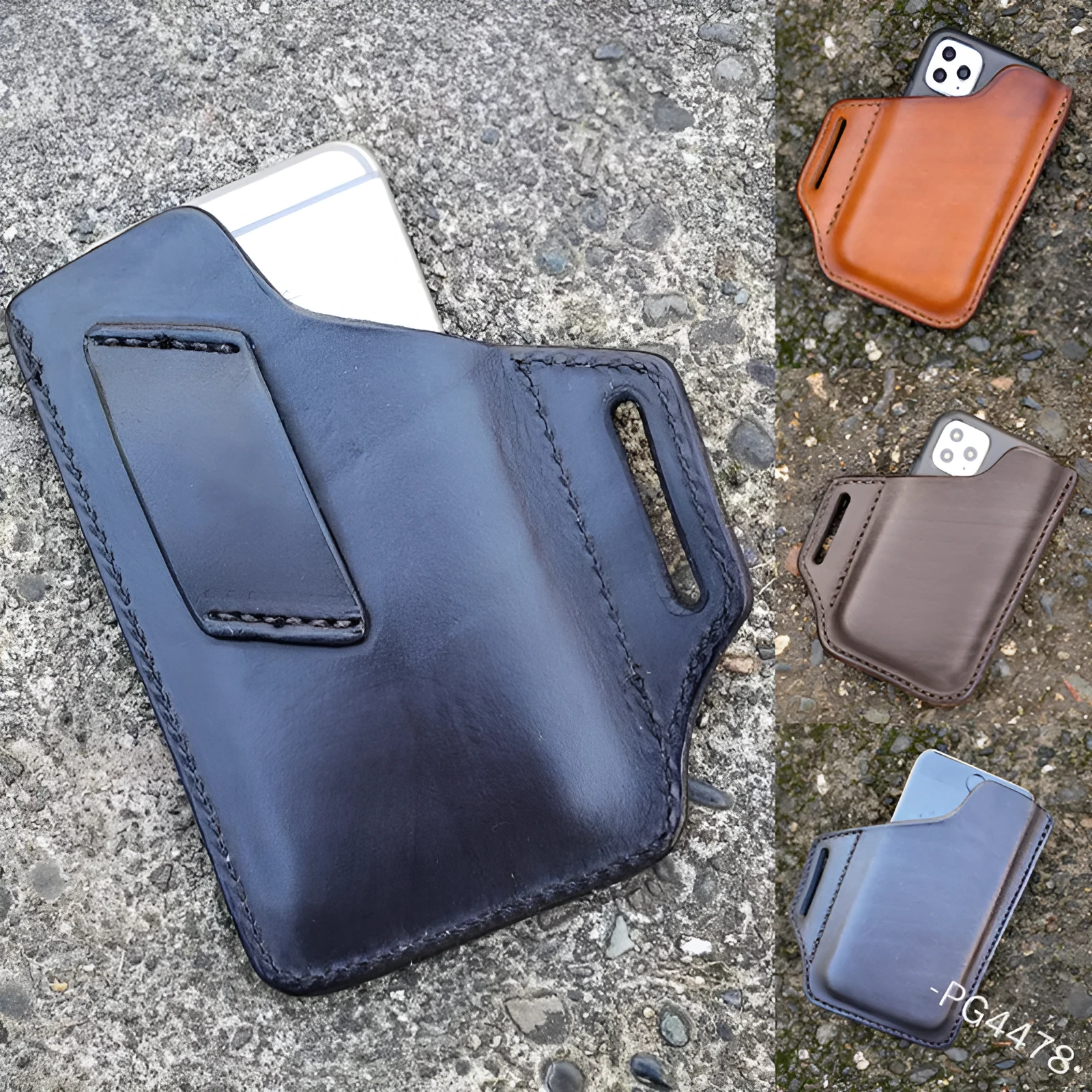 PU leather waist hanging tool bag in dark brown, square vertical shape, with card pocket