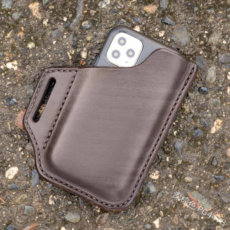 PU leather waist hanging tool bag in dark brown, square vertical shape, with card pocket