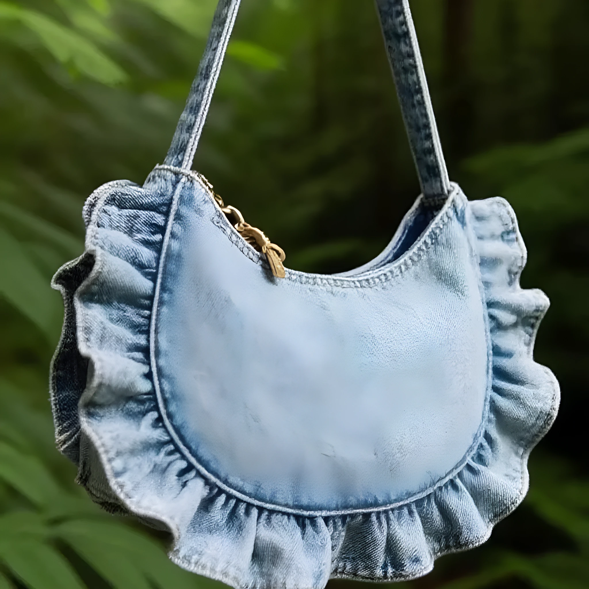 Denim blue polyester women's cross-body bag with lace pleating and stitching thread detail
