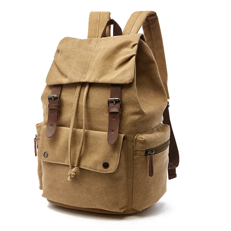 Canvas travel backpack in khaki with air pillow straps and stitched detailing