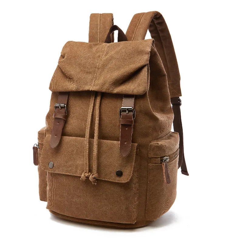 Canvas travel backpack in khaki with air pillow straps and stitched detailing