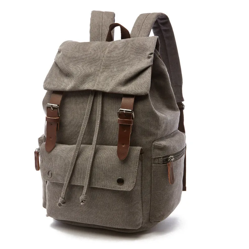 Canvas travel backpack in khaki with air pillow straps and stitched detailing