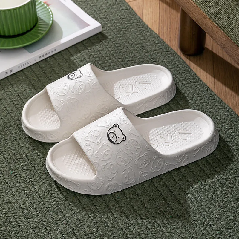 Cute bear slippers with non-slip thick soles in light purple, EVA upper, indoor bedroom bathroom footwear
