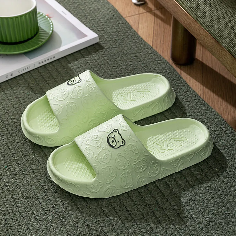 Cute bear slippers with non-slip thick soles in light purple, EVA upper, indoor bedroom bathroom footwear