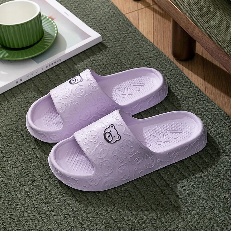 Cute bear slippers with non-slip thick soles in light purple, EVA upper, indoor bedroom bathroom footwear