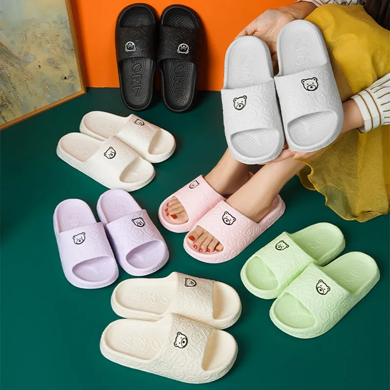 Cute bear slippers with non-slip thick soles in light purple, EVA upper, indoor bedroom bathroom footwear