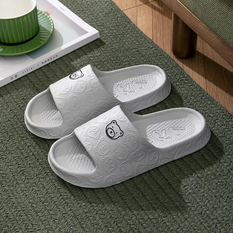 Cute bear slippers with non-slip thick soles in light purple, EVA upper, indoor bedroom bathroom footwear