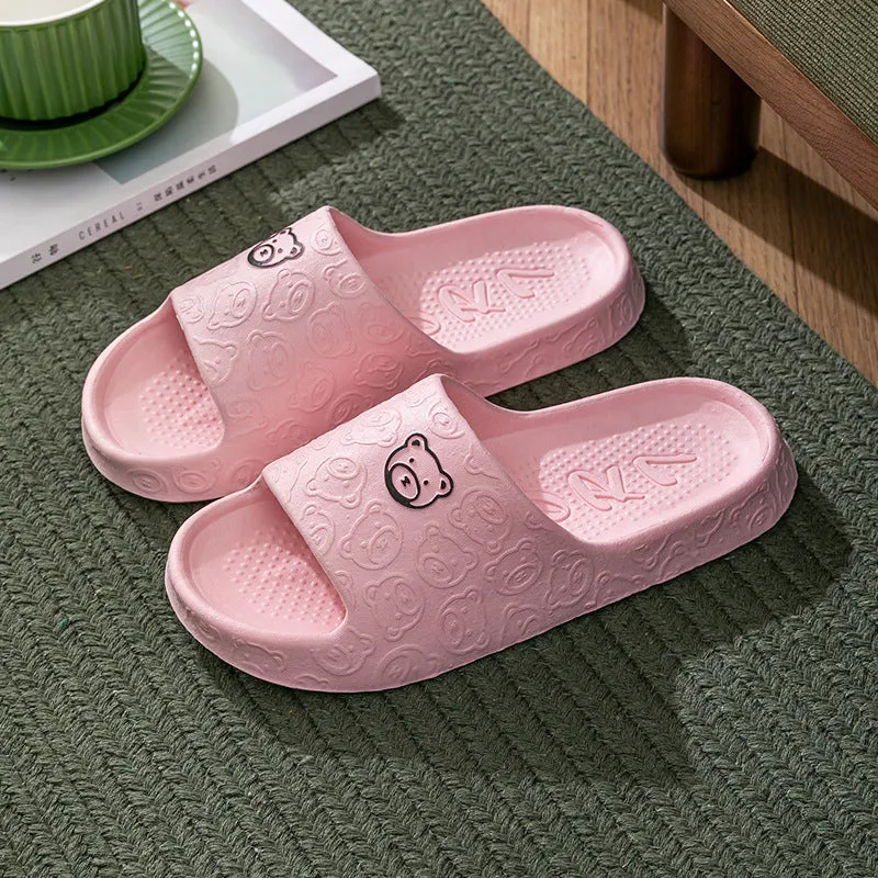 Cute bear slippers with non-slip thick soles in light purple, EVA upper, indoor bedroom bathroom footwear