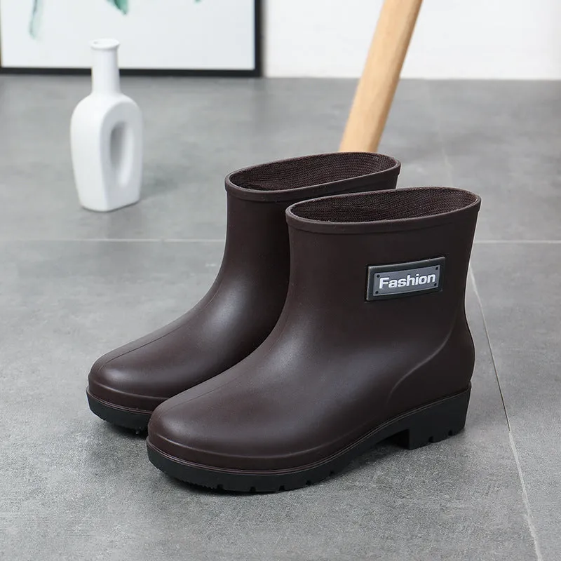 Women's mid-calf rain boots in PVC material with low heel for waterproof work wear