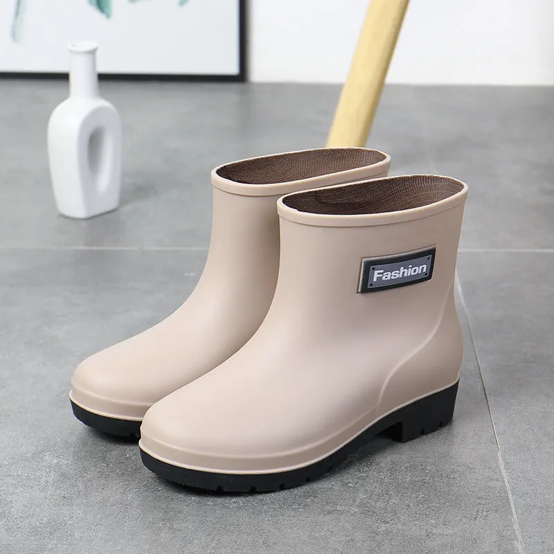 Women's mid-calf rain boots in PVC material with low heel for waterproof work wear