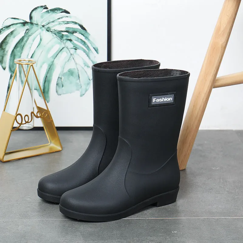 Women's mid-calf rain boots in PVC material with low heel for waterproof work wear