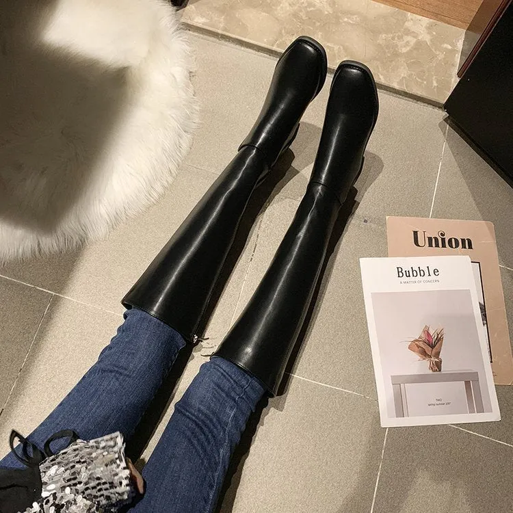 Women's thick heel over the knee knight boots in black artificial PU with car suture detail