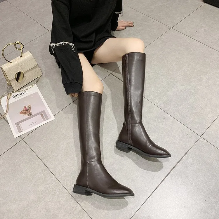 Women's thick heel over the knee knight boots in black artificial PU with car suture detail