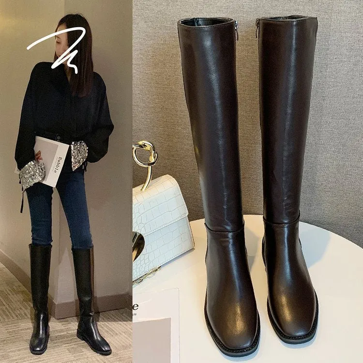 Women's thick heel over the knee knight boots in black artificial PU with car suture detail