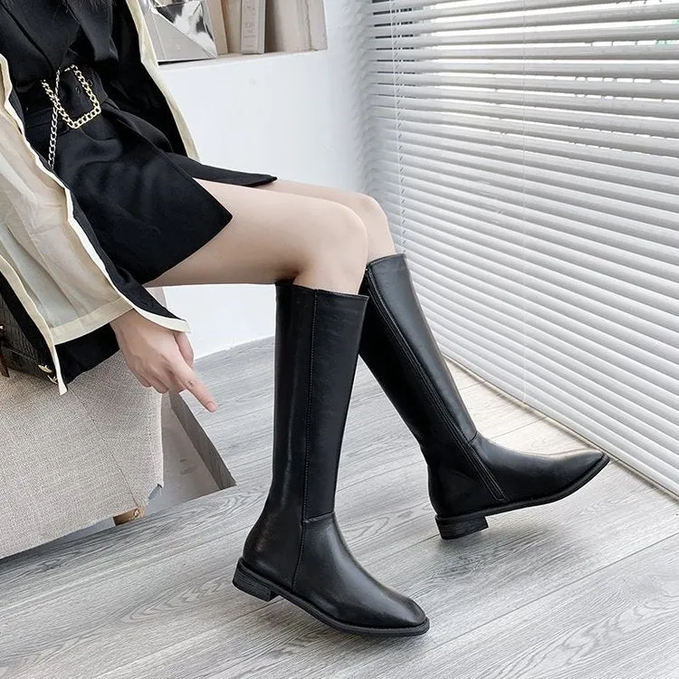 Women's thick heel over the knee knight boots in black artificial PU with car suture detail
