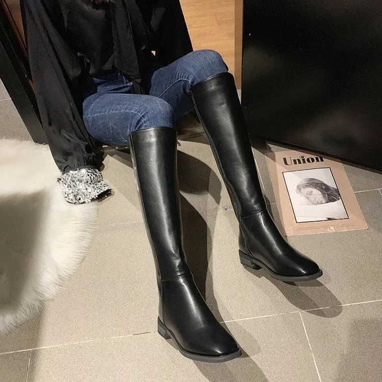 Women's thick heel over the knee knight boots in black artificial PU with car suture detail