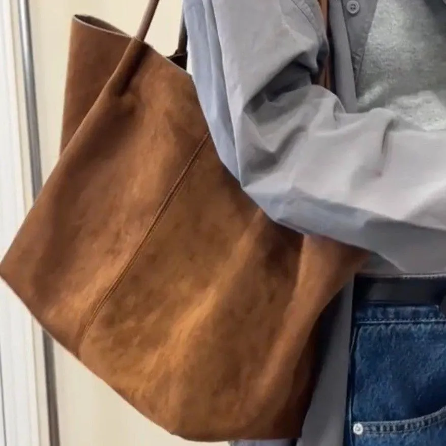 Coffee colour PU retro large capacity commuter tote bag with double straps and document pocket