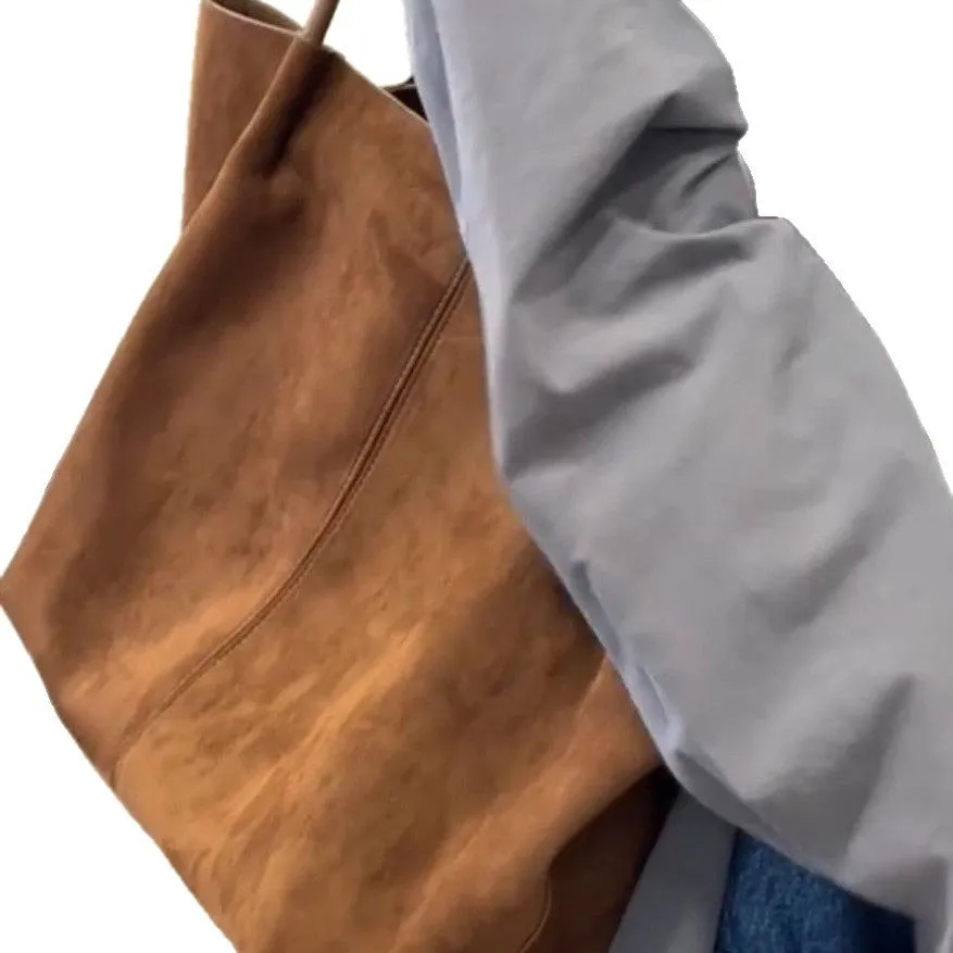 Coffee colour PU retro large capacity commuter tote bag with double straps and document pocket