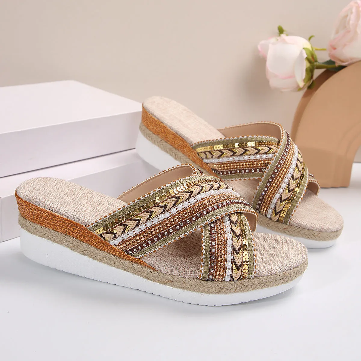 Women's linen wedge sandals in beige with ethnic cross-strap design and non-slip rubber sole